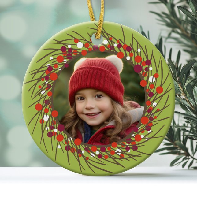 Christmas Wreath: Double-Sided Ceramic Ornament (Photo Ornament with a twig wreath with berries and a modern holiday design on the back)