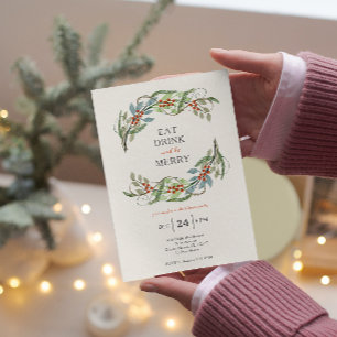 Christmas Wreath Eat Drink & Be Merry Party Invitation