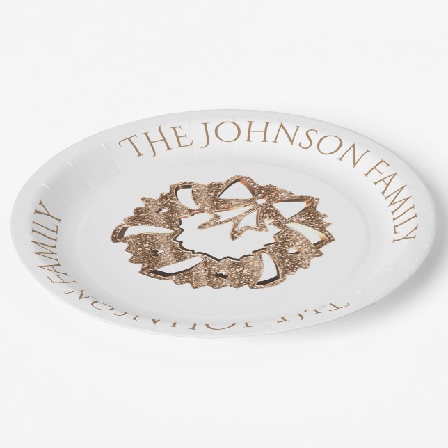 Christmas Wreath Elegant Gold and White Paper Plates (Angled)
