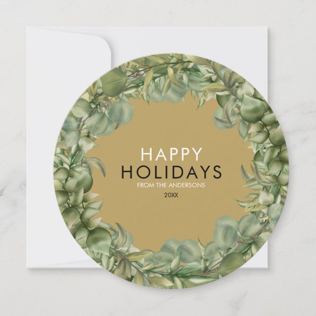 Christmas Wreath Elegant Gold Modern Typographic Holiday Card (Front)