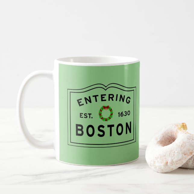 Christmas Wreath Entering Boston MA Coffee Mug (With Donut)
