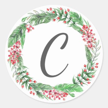 Christmas Wreath Family Cards Monogram Initial Classic Round Sticker by clever_bits at Zazzle