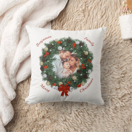 Christmas Wreath Family Mom Dad Photo Personalize Throw Pillow