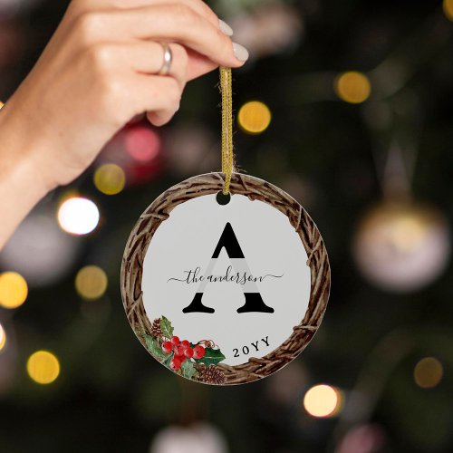Christmas Wreath Family Monogram with Photo  Ceramic Ornament