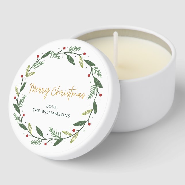 Christmas Wreath Family Name Greenery Custom Mini Candle Favors (Corner)
