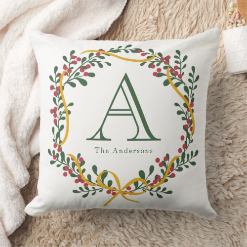 Christmas Wreath Family Name Monogram Throw Pillow