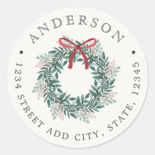 Christmas Wreath Family Name Return Address Classic Round Sticker