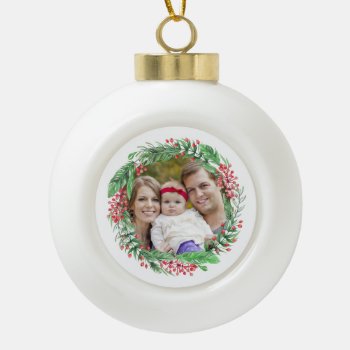Christmas Wreath Family Photo | Gift For Family Ceramic Ball Christmas Ornament by clever_bits at Zazzle