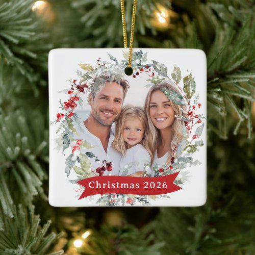 Christmas Wreath Family Photo Year Ceramic Ornament