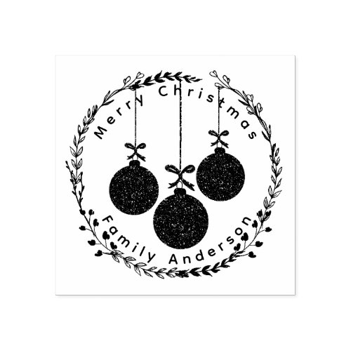 Christmas Wreath  Festive Baubles Family Name Rubber Stamp