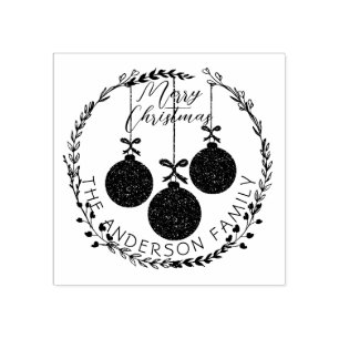 Christmas Wreath & Festive Baubles Family Name Rubber Stamp