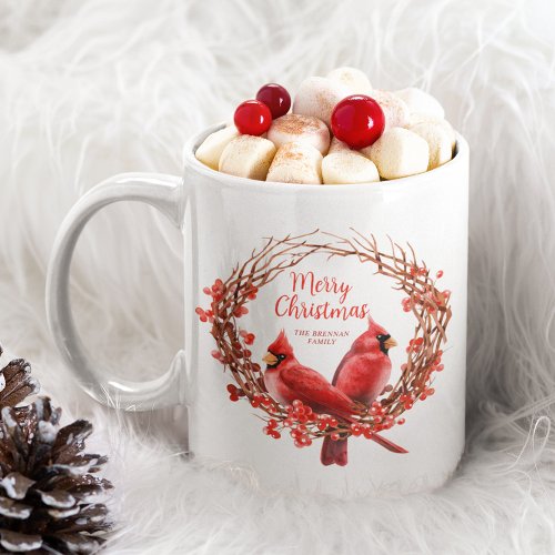 Christmas Wreath Festive Red Cardinal Script Mug