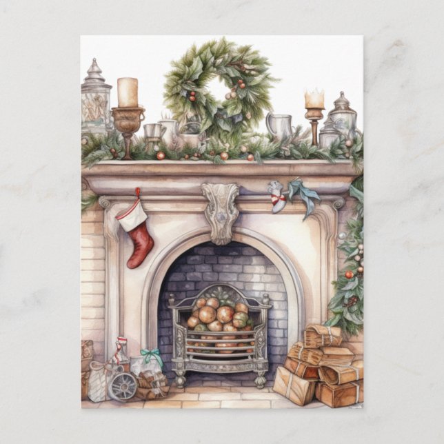 Christmas Wreath Fireplace Holiday Postcard (Front)