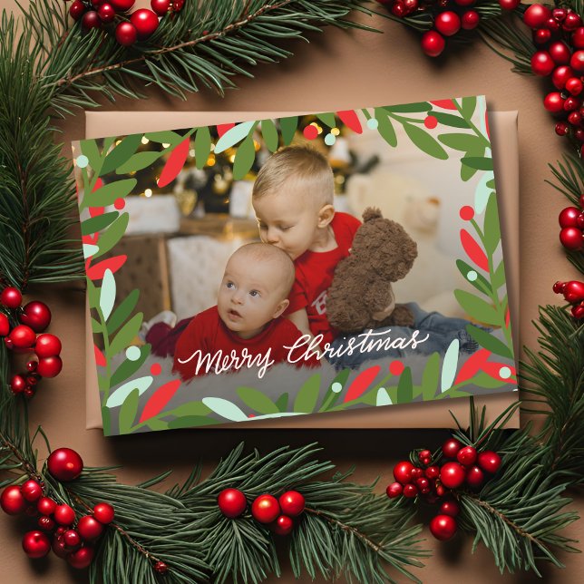 Christmas Wreath Flat Photo Card (Holiday Foliage Wreath Greeting Card)