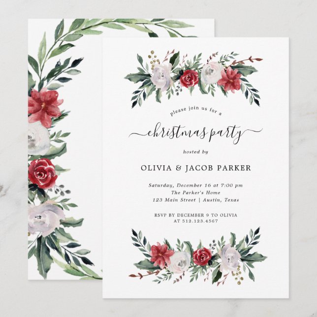 Christmas Wreath | Floral Christmas Party Invitation (Front/Back)