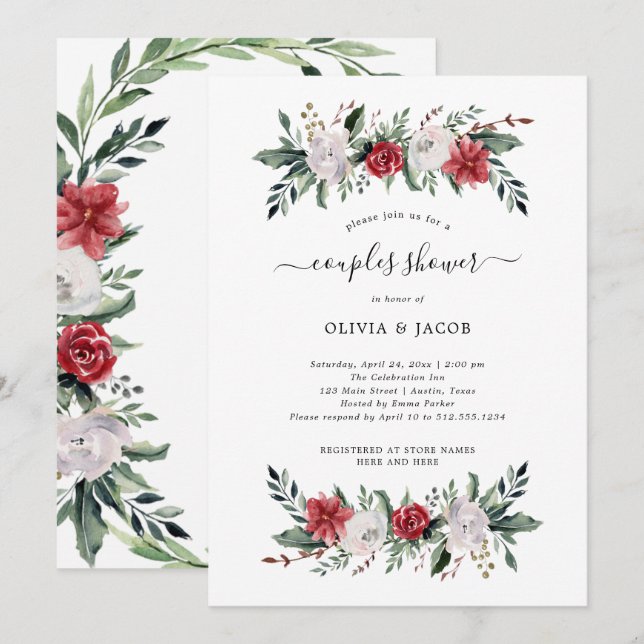Christmas Wreath | Floral Holiday Couples Shower Invitation (Front/Back)