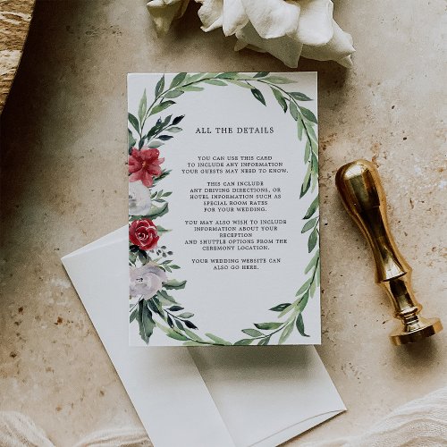 Christmas Wreath  Floral Holiday Wedding Details Enclosure Card