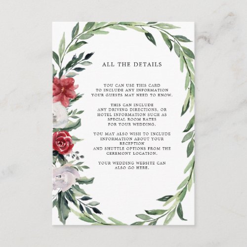 Christmas Wreath  Floral Holiday Wedding Details Enclosure Card
