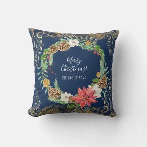 Christmas Wreath Floral Pine Cone Navy Gold Swirls Throw Pillow