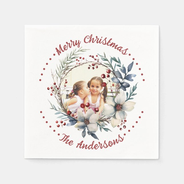 Christmas wreath flowers and red berries photo napkins (Front)