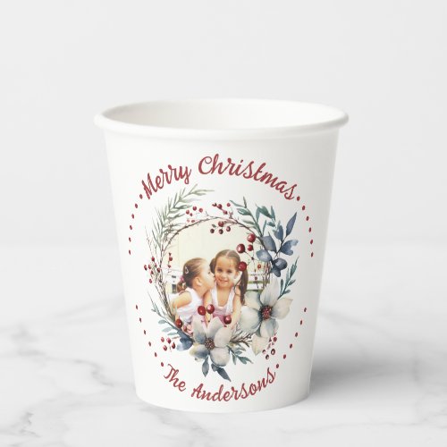 Christmas wreath flowers and red berries photo paper cups