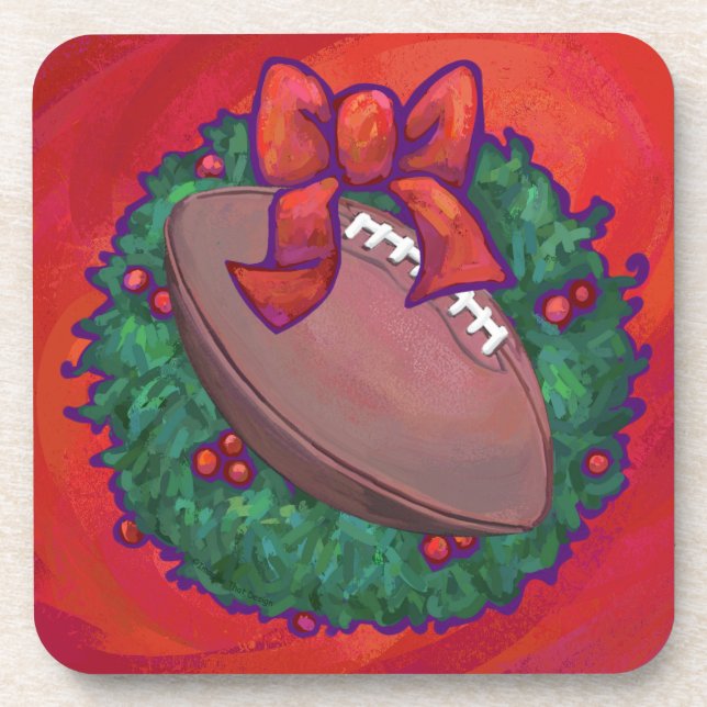 Christmas Wreath Football on Red Beverage Coaster (Front)