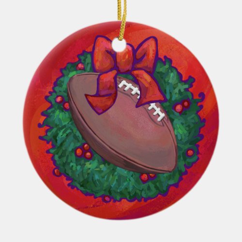 Christmas Wreath Football on Red Ceramic Ornament