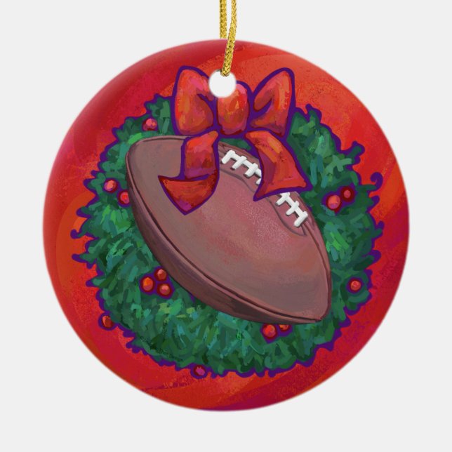 Christmas Wreath Football on Red Ceramic Ornament (Front)