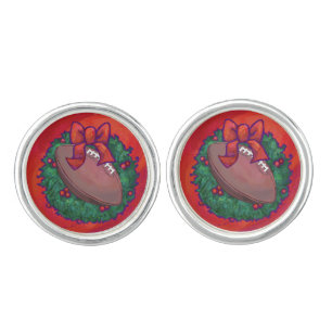 Christmas Wreath Football on Red Cufflinks