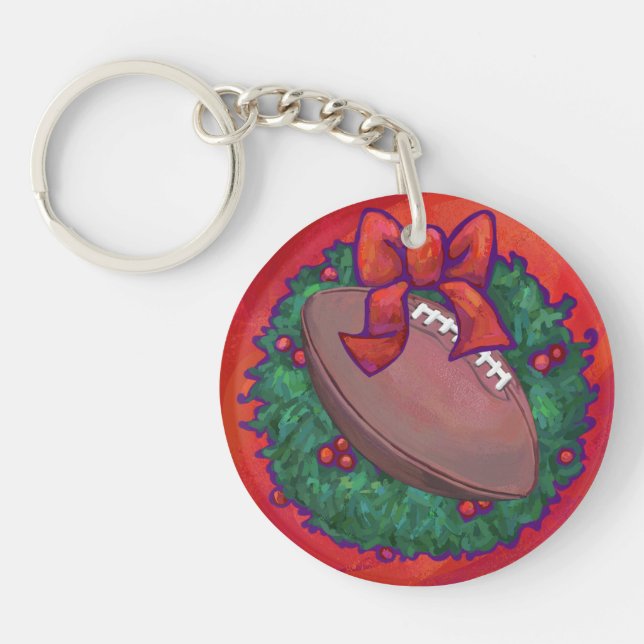 Christmas Wreath Football on Red Keychain (Front)