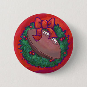 Christmas Wreath Football on Red Pinback Button