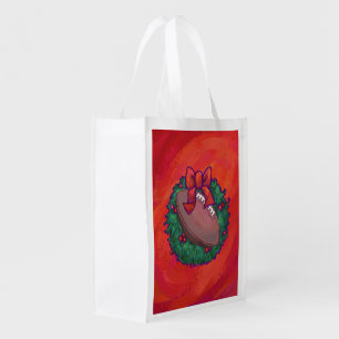 Christmas Wreath Football on Red Reusable Grocery Bag
