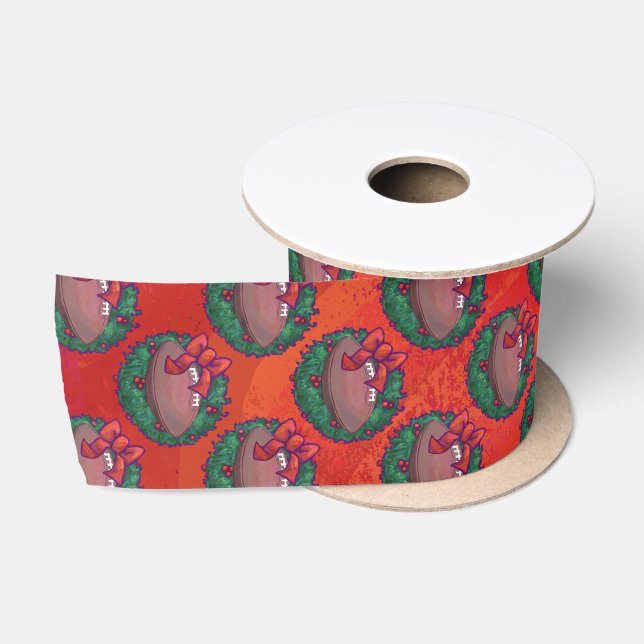 Christmas Wreath Football on Red Satin Ribbon (Spool)