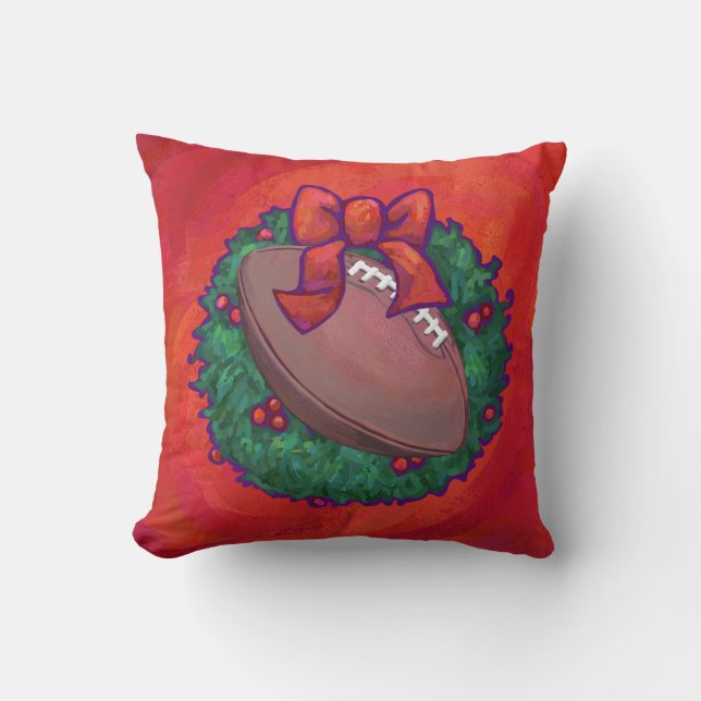 Christmas Wreath Football on Red Throw Pillow (Front)