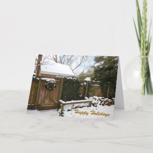 Christmas Wreath Gate Winter Snow Scene Holiday Card