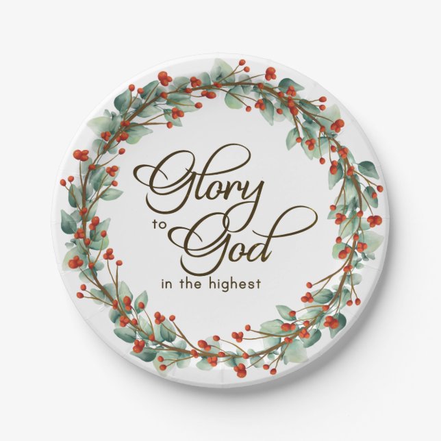 Christmas Wreath Glory to God Bible Verse Paper Plates (Front)