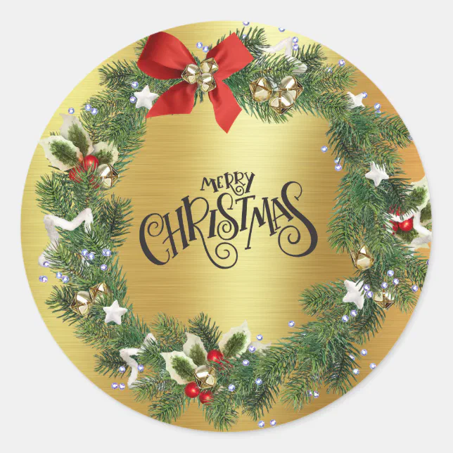 Christmas Wreath Gold Foil Merry Christmas Classic Round Sticker Zazzle 4923