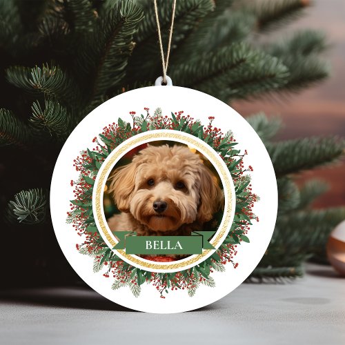 Christmas Wreath Gold Frame Custom Puppy Dog Photo Ceramic Ornament