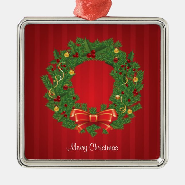 Christmas Wreath Green And Red Metal Ornament (Front)