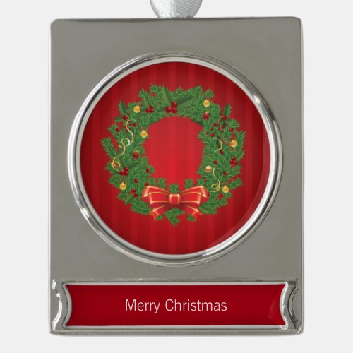 Christmas Wreath Green And Red Silver Plated Banner Ornament