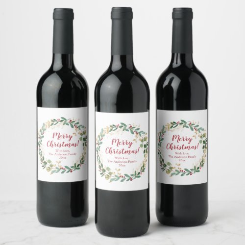 Christmas wreath green gold red holly berries wine label