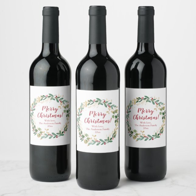 Christmas wreath green gold red holly berries wine label (Bottles)
