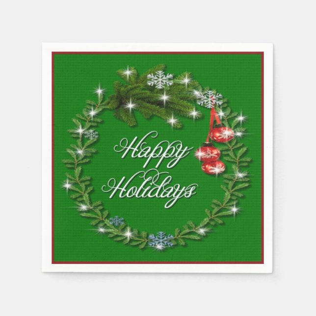 Christmas Wreath Green Happy Holidays Napkins (Front)