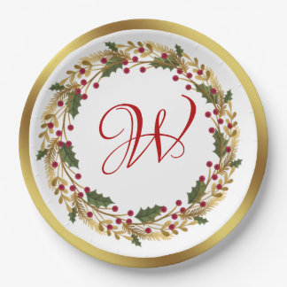 Christmas Wreath Green Holly Leaves Red Berry Paper Plates