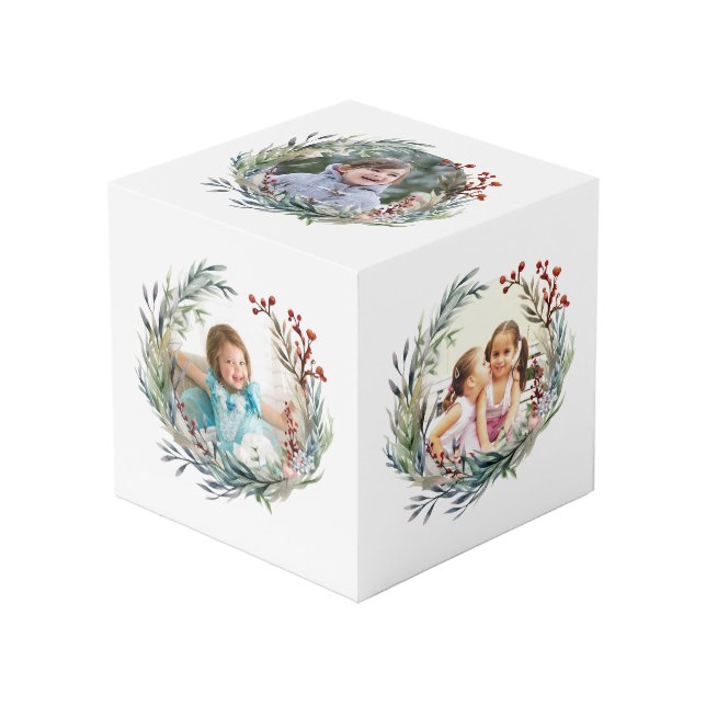 Christmas wreath, green leaves and berries photo cube (Front Angled)