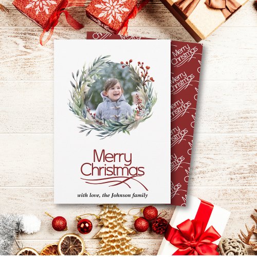 Christmas wreath green leaves and berries photo holiday card