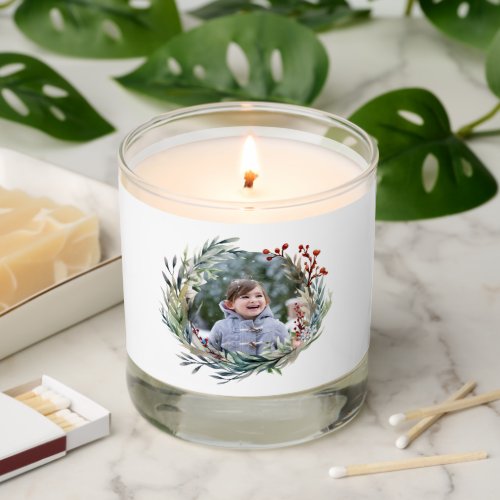 Christmas wreath green leaves and berries photo scented candle
