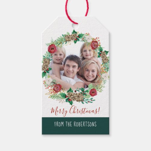 Christmas Wreath Green Peony Roses Floral Photo Gift Tags