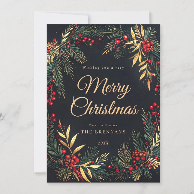 Christmas Wreath Green Red Gold Festive Elegant Holiday Card (Front)
