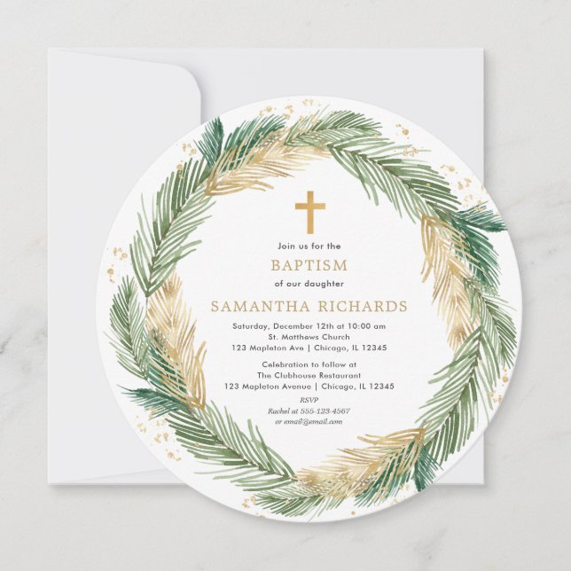 Christmas wreath greenery gold foil baptism invitation (Front)